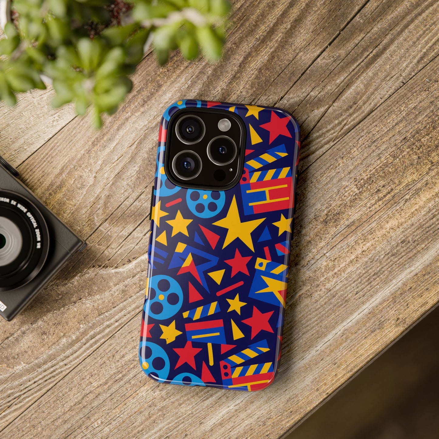 vibrant movie theme protective phone case with 3d wrap design – colourful stars and film reels – stylish protection compatible with iphone 13, 14, 15 & 16 – all models including pro, pro max & plus