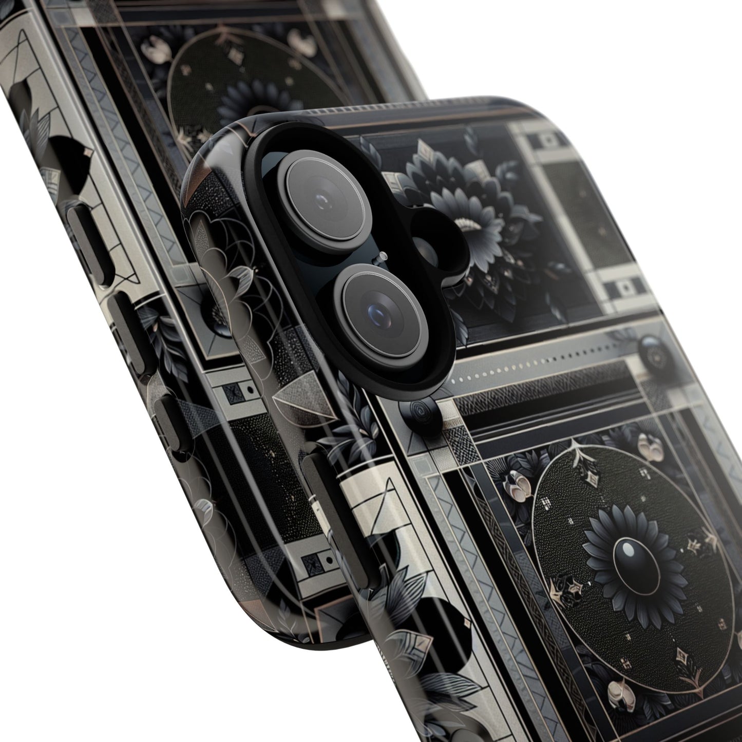 pattern image 4 vibrant shockproof phone case for anime and comic fans, geometric black and silver design, durable protective cover compatible with iphone 13, 14, 15 & 16 – all models including pro, pro max & plus