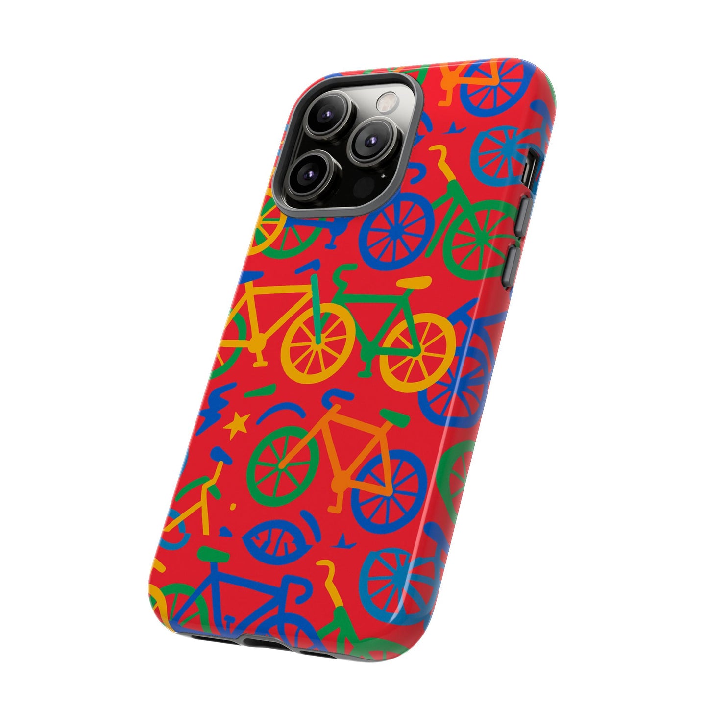 vibrant 3d bicycle pattern protective phone case in colourful retro design for stylish protection compatible with iphone 13, 14, 15 & 16 – all models including pro, pro max & plus