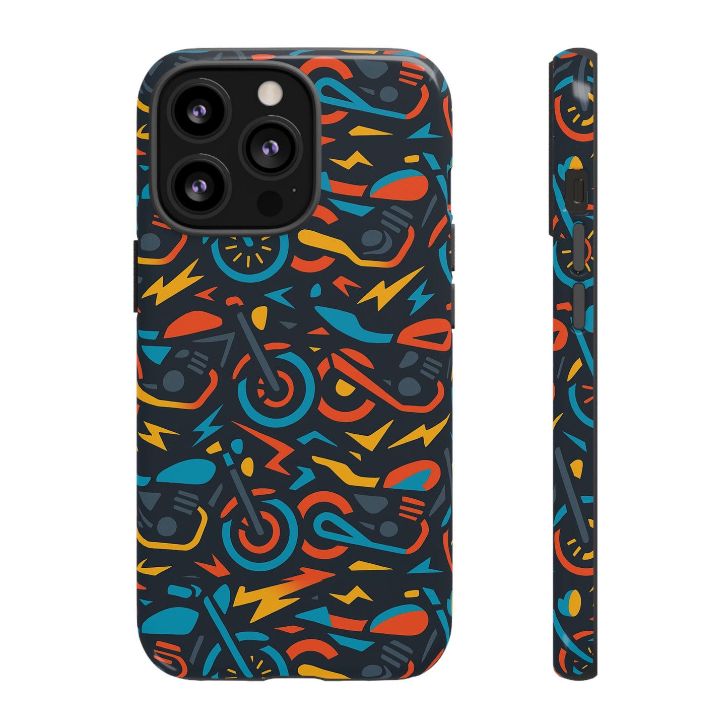 multicolour 3d wrap phone case with fun motorcycle design, stylish protective accessory for men and women, compatible with iphone 13, 14, 15 & 16 – all models including pro, pro max & plus