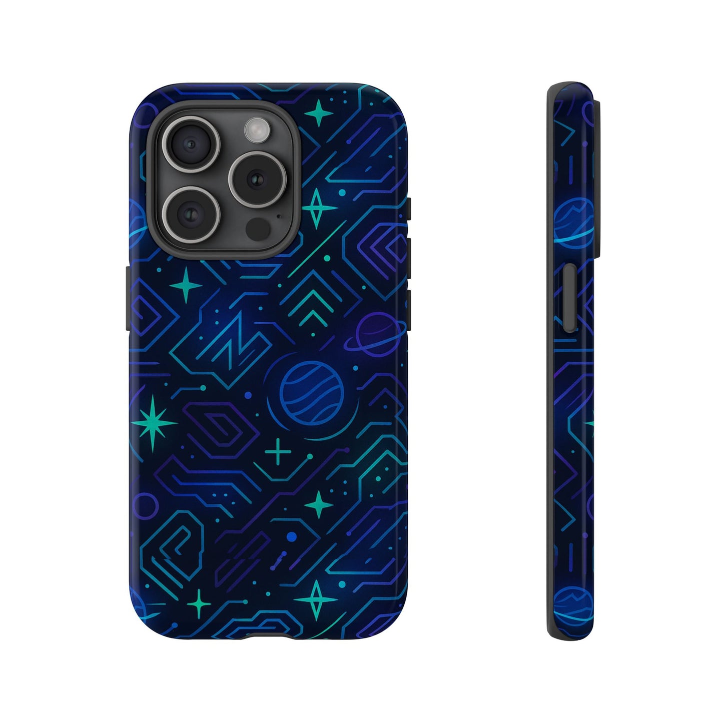 vibrant space design protective phone case in blue and green 3d wrap for stylish protection compatible with iphone 13, 14, 15 & 16 – all models including pro, pro max & plus