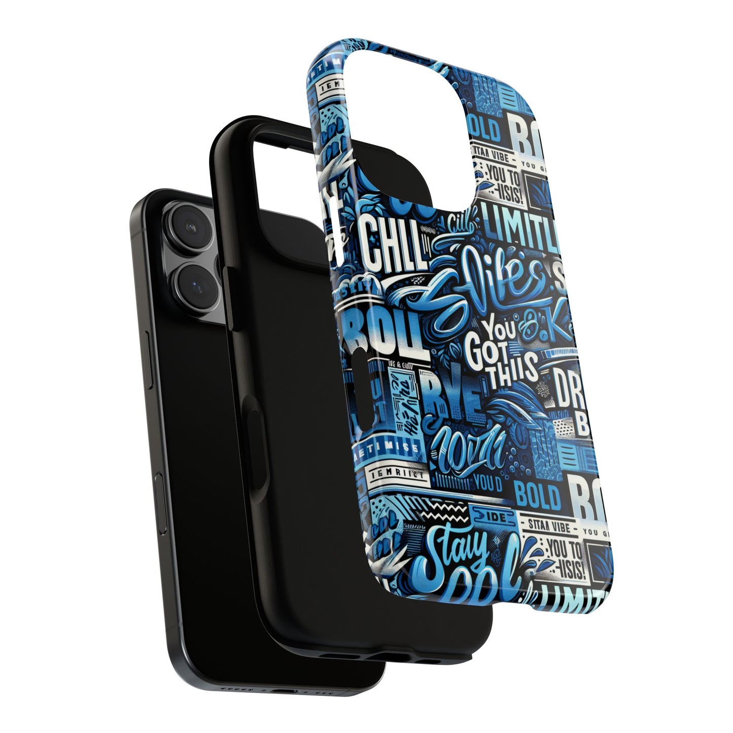 vibrant protective phone case with playful typography design in blue – stylish self-expression accessory compatible with iphone 13, 14, 15 & 16 – all models including pro, pro max & plus