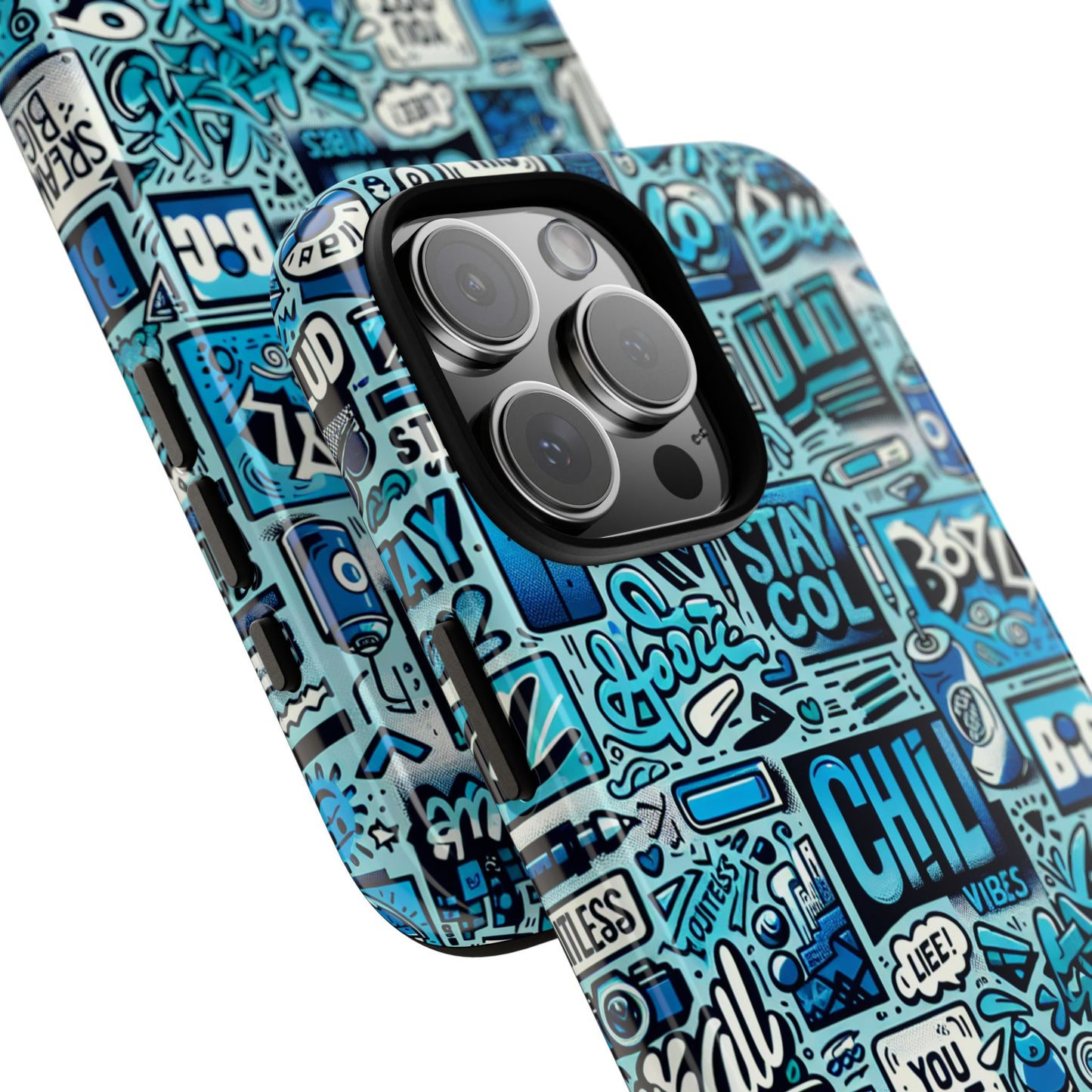 vibrant retro graffiti phone case in blue for men and women stylish protection accessory compatible with iphone 13, 14, 15 & 16 – all models including pro, pro max & plus