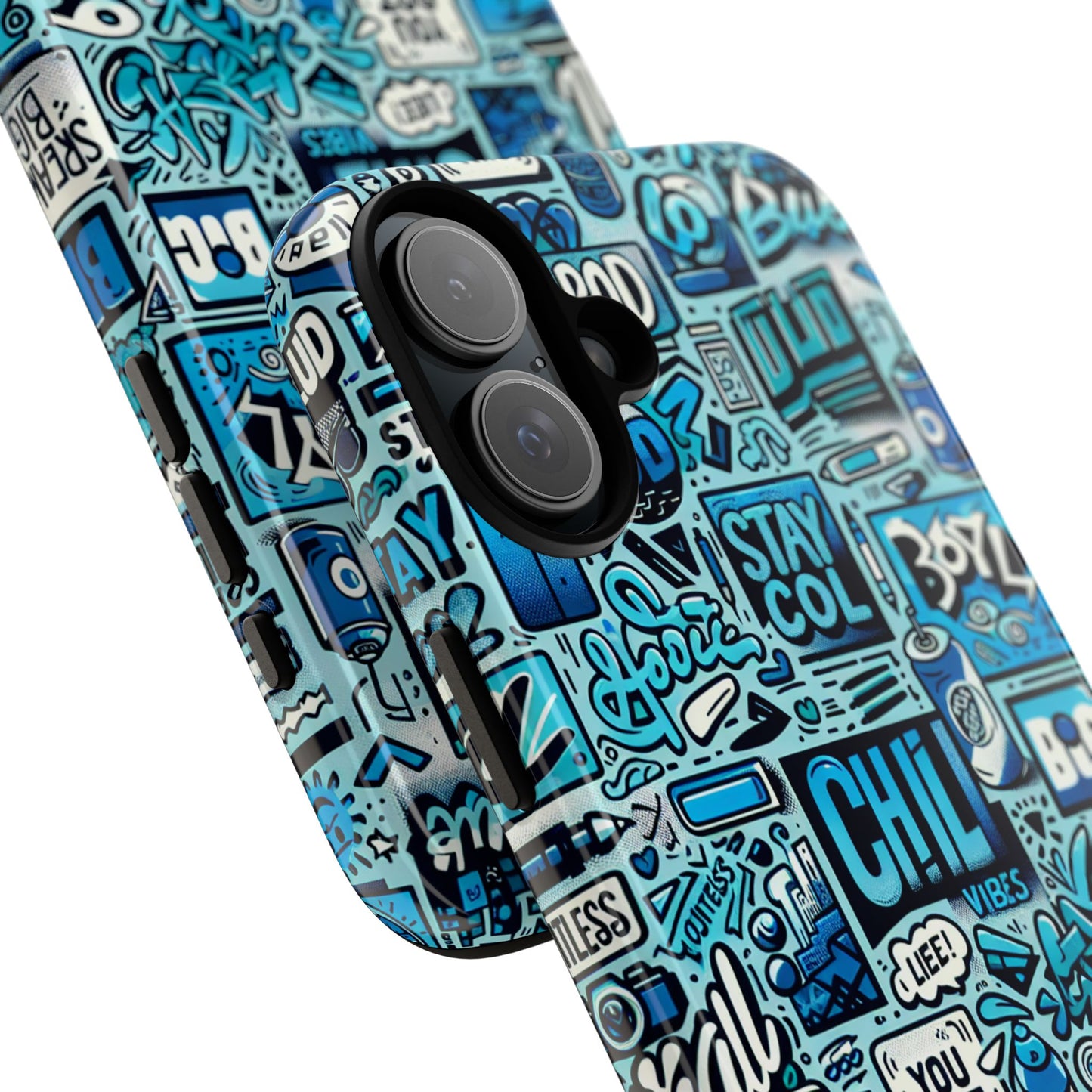 vibrant retro graffiti phone case in blue for men and women stylish protection accessory compatible with iphone 13, 14, 15 & 16 – all models including pro, pro max & plus