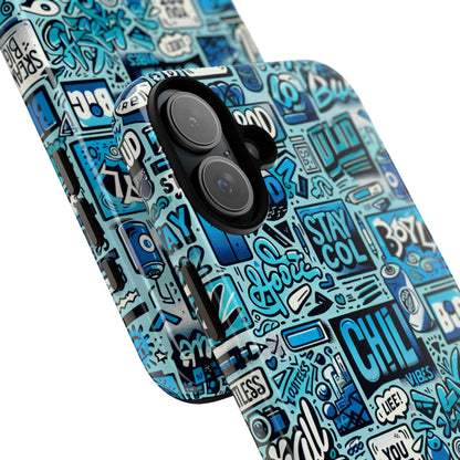 Vibrant Retro Graffiti Phone Case in Blue for Men and Women Stylish Protection Accessory Compatible with iPhone 13, 14, 15 & 16 – all models including Pro, Pro Max & Plus