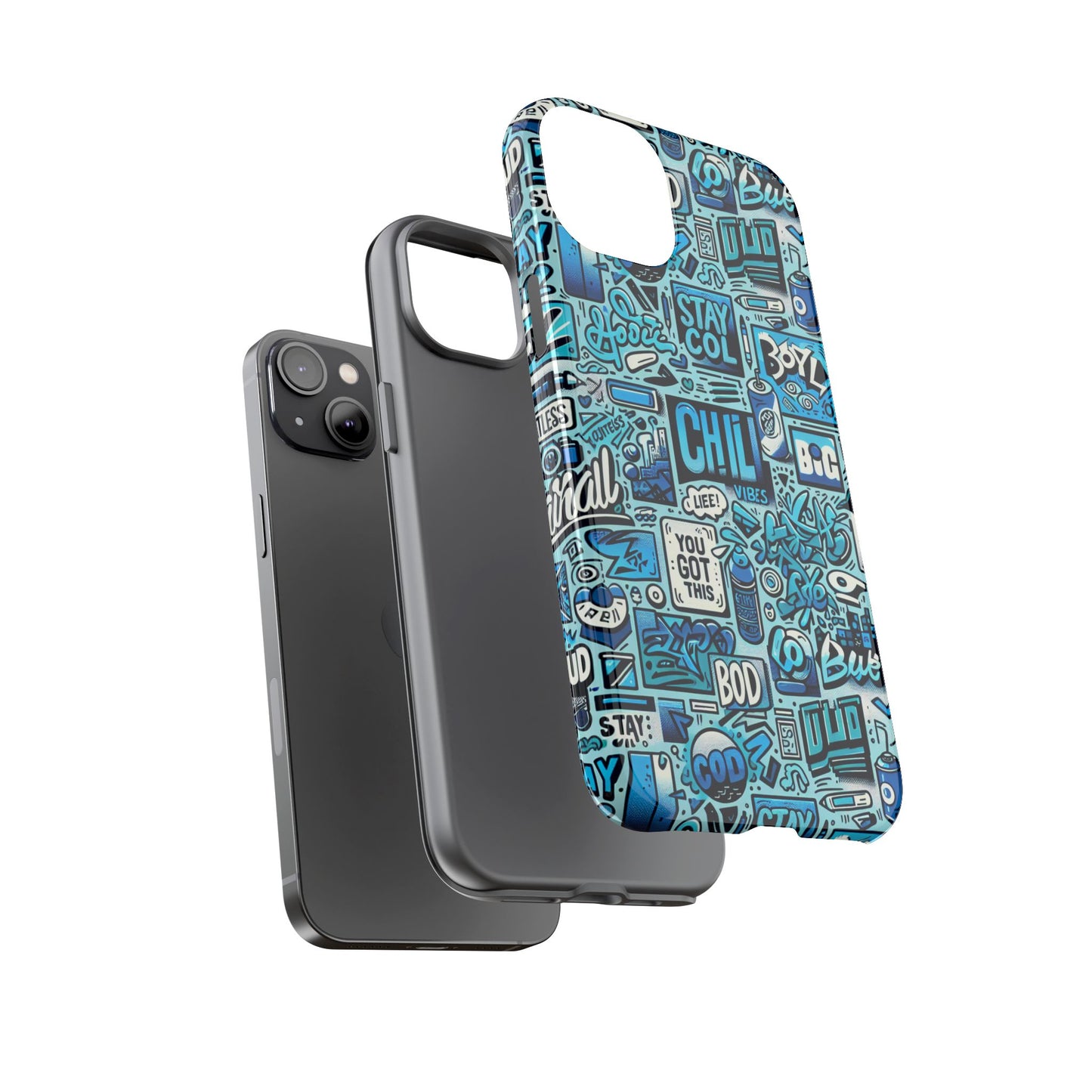 vibrant retro graffiti phone case in blue for men and women stylish protection accessory compatible with iphone 13, 14, 15 & 16 – all models including pro, pro max & plus
