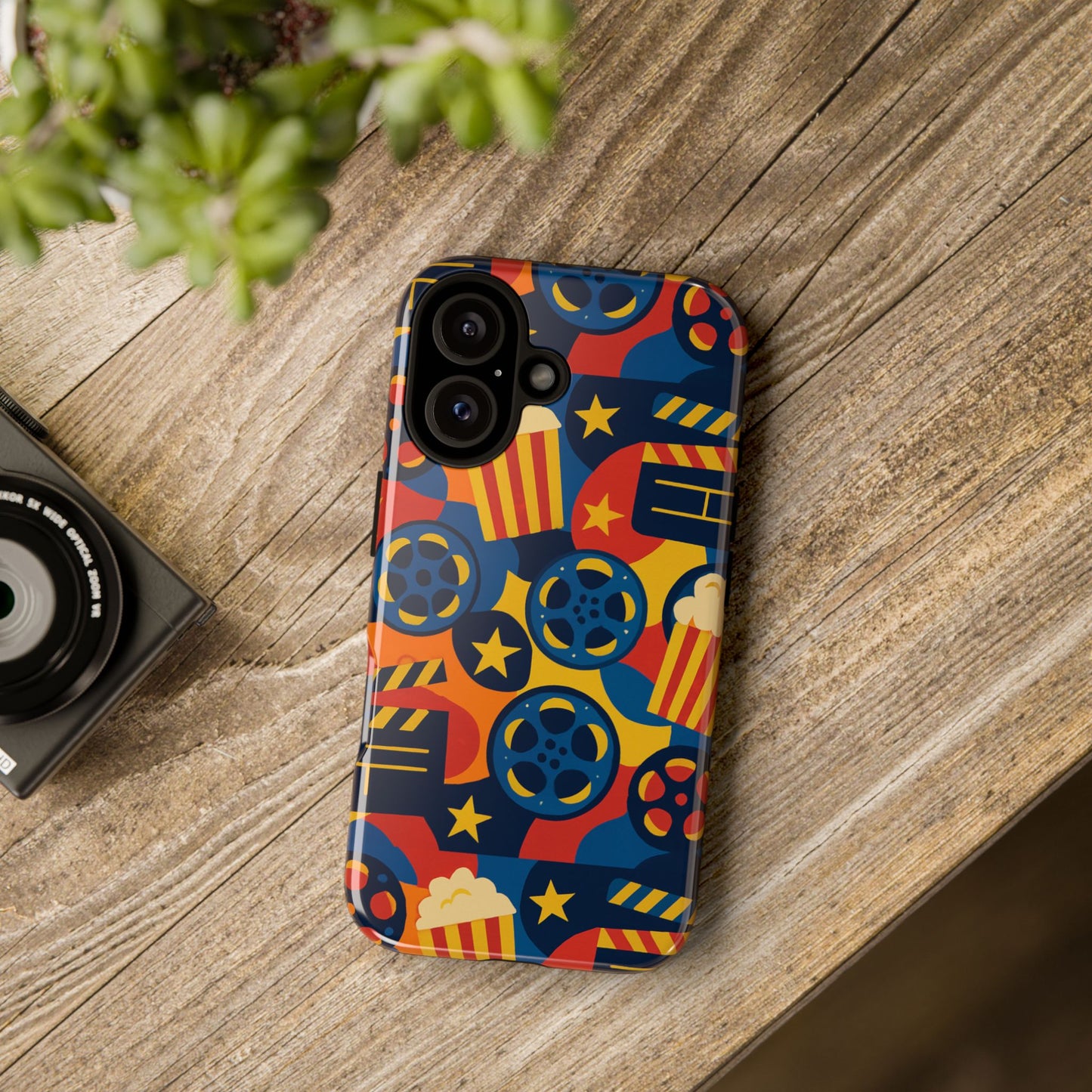 vibrant movie-themed protective phone case with colourful film reel and popcorn design for stylish protection compatible with iphone 13, 14, 15 & 16 – all models including pro, pro max & plus