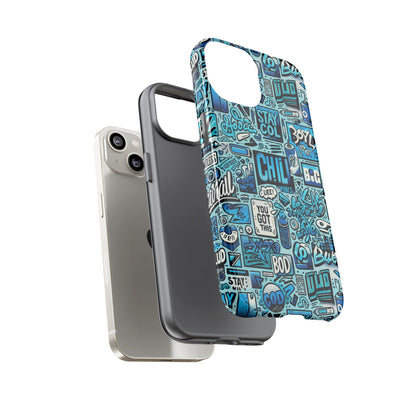 Vibrant Retro Graffiti Phone Case in Blue for Men and Women Stylish Protection Accessory Compatible with iPhone 13, 14, 15 & 16 – all models including Pro, Pro Max & Plus