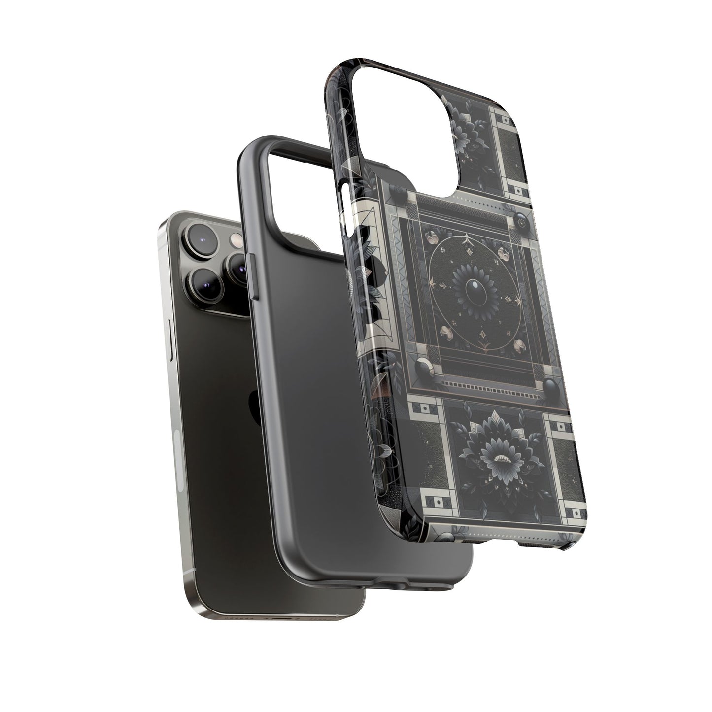 pattern image 4 vibrant shockproof phone case for anime and comic fans, geometric black and silver design, durable protective cover compatible with iphone 13, 14, 15 & 16 – all models including pro, pro max & plus