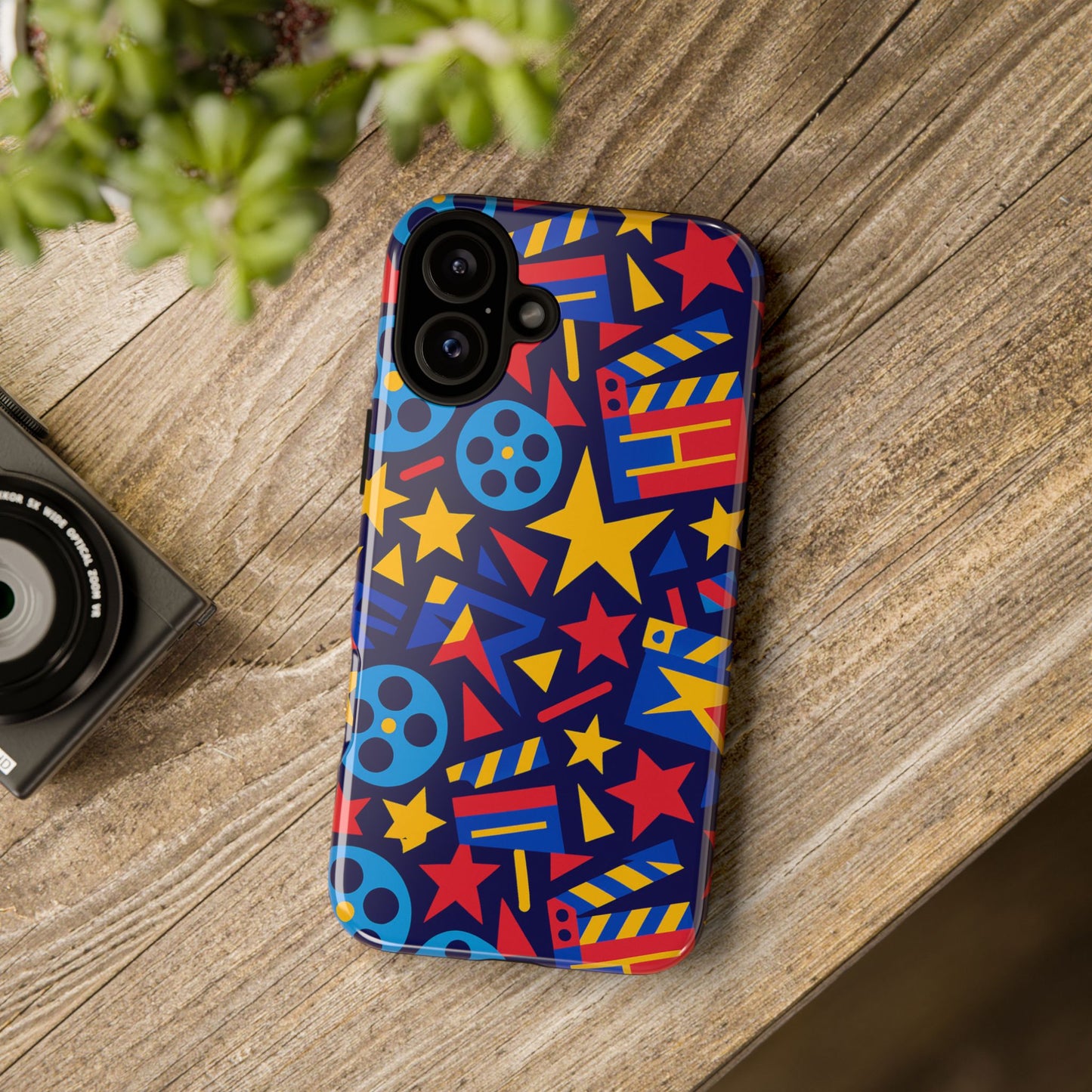 vibrant movie theme protective phone case with 3d wrap design – colourful stars and film reels – stylish protection compatible with iphone 13, 14, 15 & 16 – all models including pro, pro max & plus