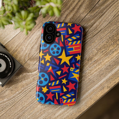 Vibrant Movie Theme Protective Phone Case with 3D Wrap Design – Colourful Stars and Film Reels – Stylish Protection Compatible with iPhone 13, 14, 15 & 16 – All Models Including Pro, Pro Max & Plus