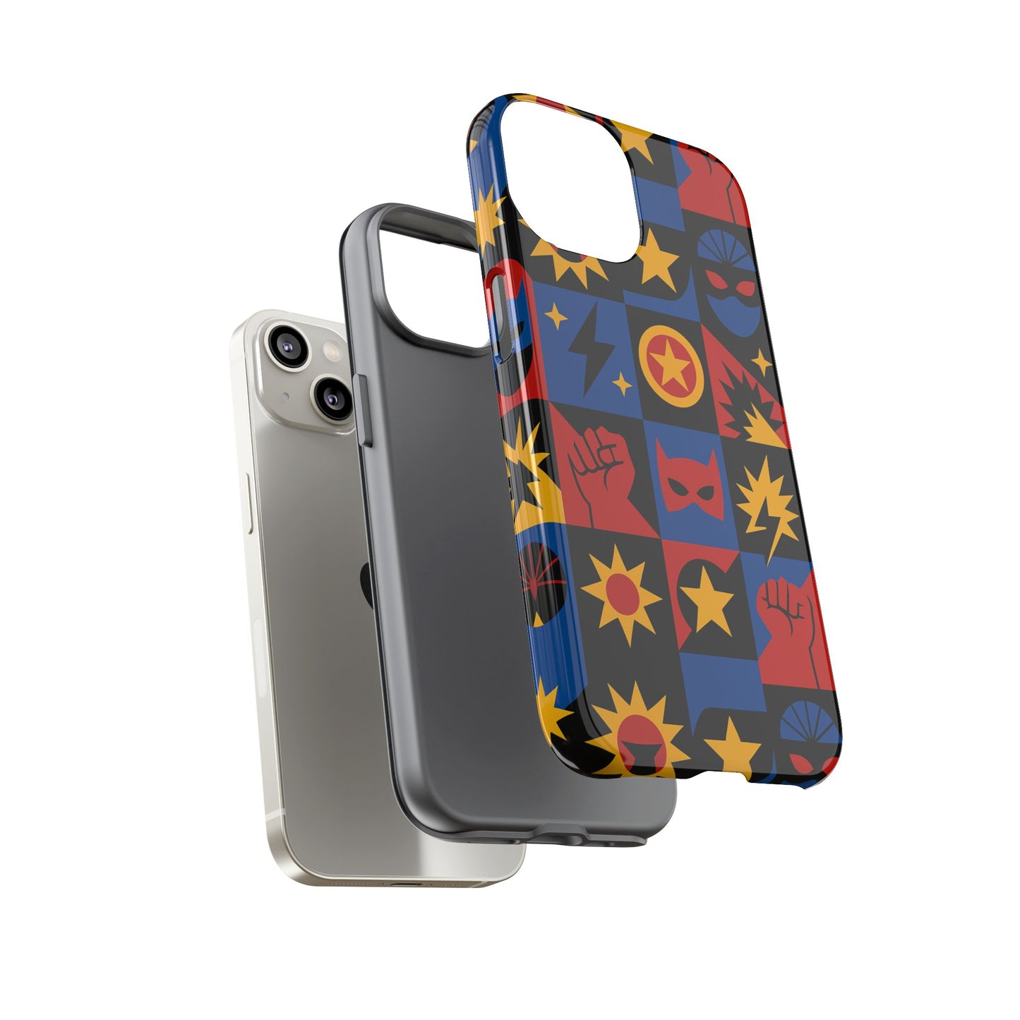 vibrant superhero phone case with retro 3d design for stylish protection compatible with iphone 13, 14, 15 & 16 – all models including pro, pro max & plus