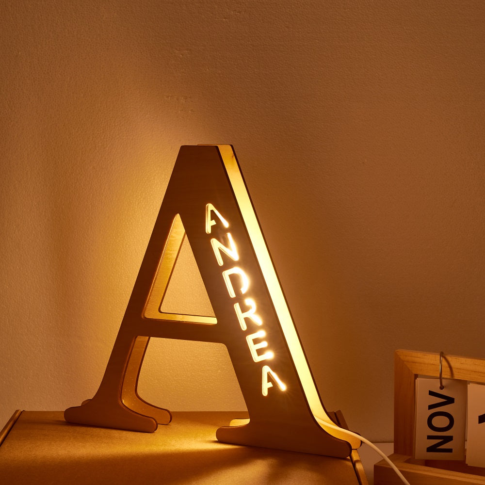 personalized name wooden letter night light 28cm for kids home decor with usb and adhesive backing, warm led glow, unique wall art a-z letters