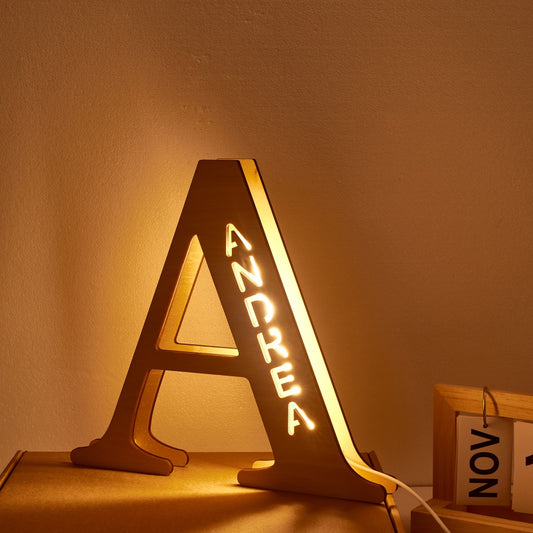 Personalized Name Wooden Letter Night Light 28CM for Kids Home Decor with USB and Adhesive Backing, Warm LED Glow, Unique Wall Art A-Z Letters