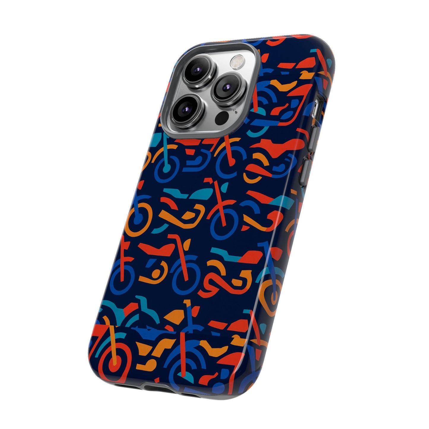 vibrant 3d multicolour motorcycle pattern protective phone case for creative individuals – stylish protection compatible with iphone 13, 14, 15 & 16 – all models including pro, pro max & plus