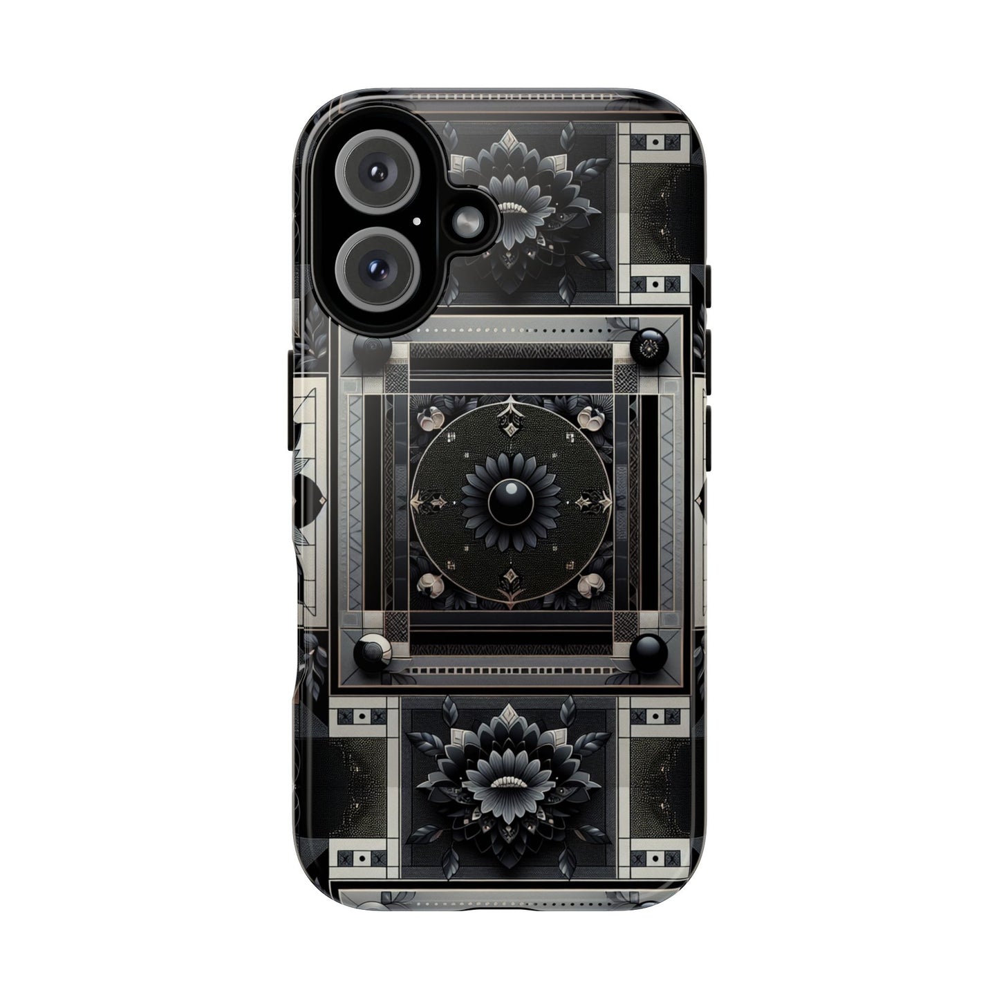 pattern image 4 vibrant shockproof phone case for anime and comic fans, geometric black and silver design, durable protective cover compatible with iphone 13, 14, 15 & 16 – all models including pro, pro max & plus