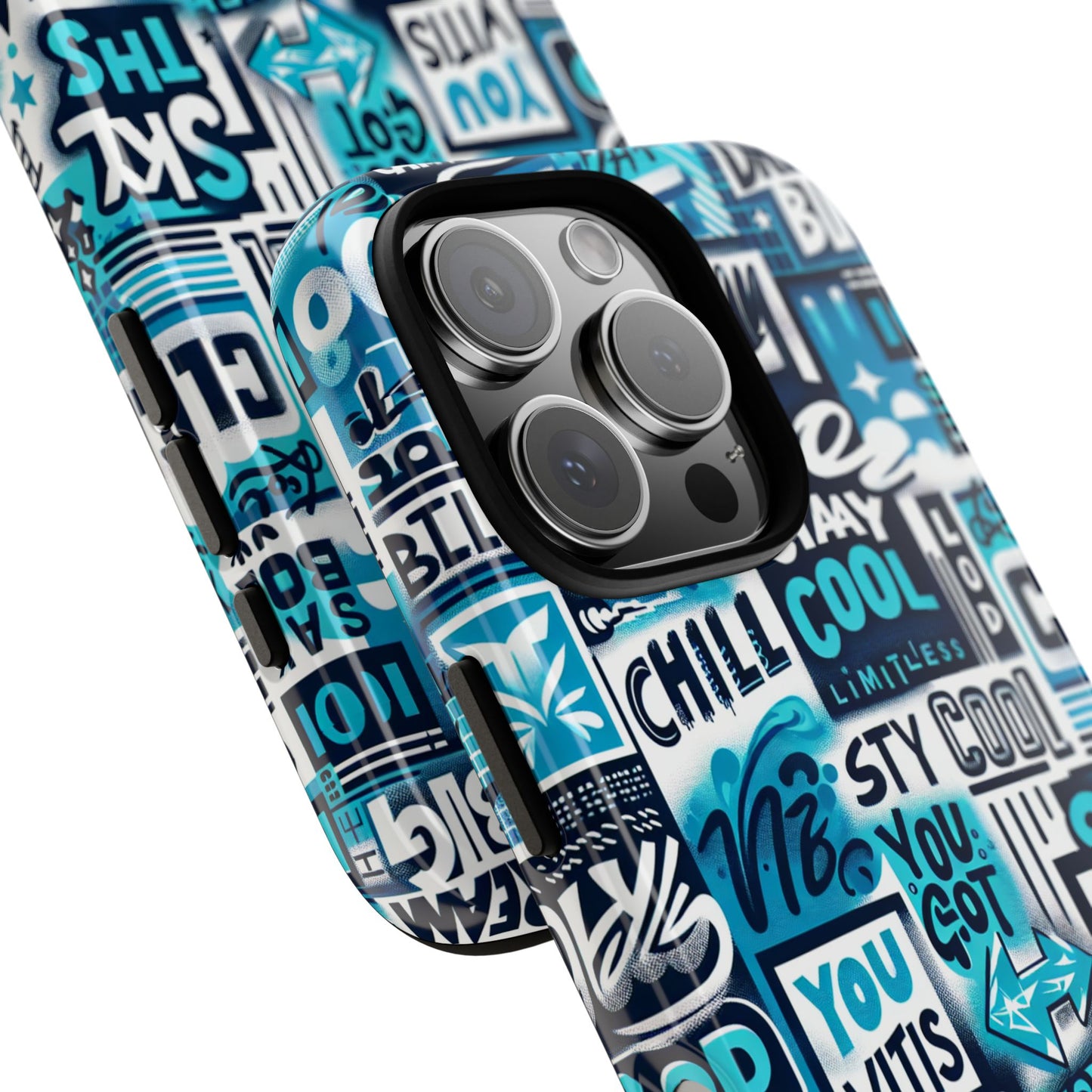 vibrant 3d graphic phone case in blue for stylish protection – playful design – compatible with iphone 13, 14, 15 & 16 – all models including pro, pro max & plus