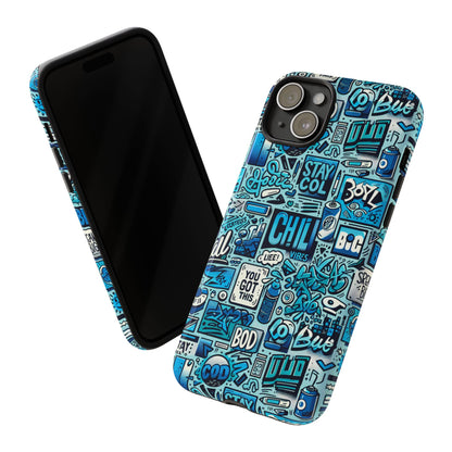 Vibrant Retro Graffiti Phone Case in Blue for Men and Women Stylish Protection Accessory Compatible with iPhone 13, 14, 15 & 16 – all models including Pro, Pro Max & Plus