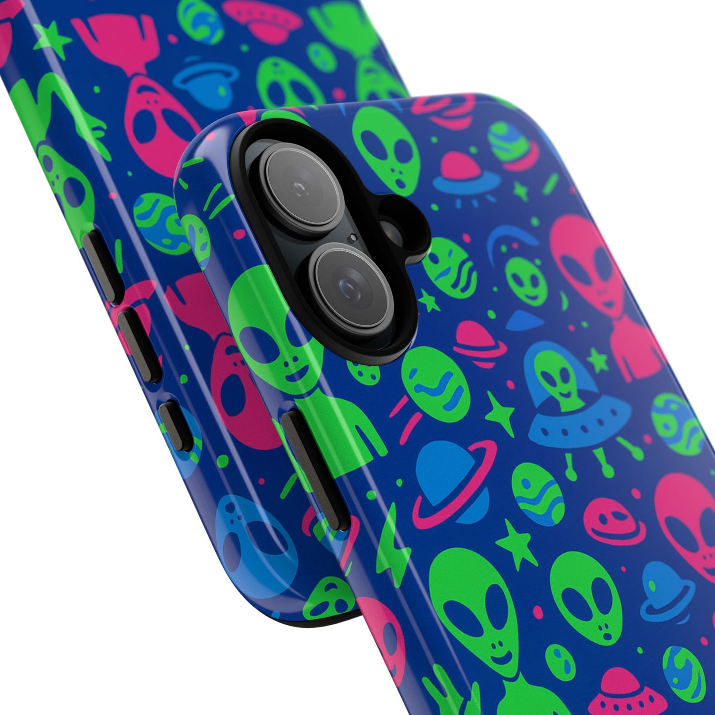 vibrant multicolour alien 3d wrap phone case in retro anime style for stylish protection compatible with iphone 13, 14, 15 & 16 – all models including pro, pro max & plus