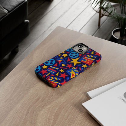 Vibrant Movie Theme Protective Phone Case with 3D Wrap Design – Colourful Stars and Film Reels – Stylish Protection Compatible with iPhone 13, 14, 15 & 16 – All Models Including Pro, Pro Max & Plus