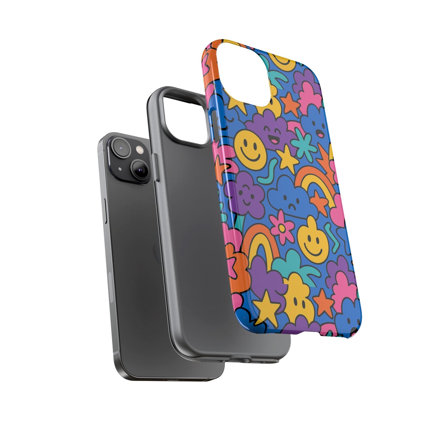 vibrant cartoon protective phone case with playful multicolour design – unisex fashion accessory – compatible with iphone 13, 14, 15 & 16 – all models including pro, pro max & plus