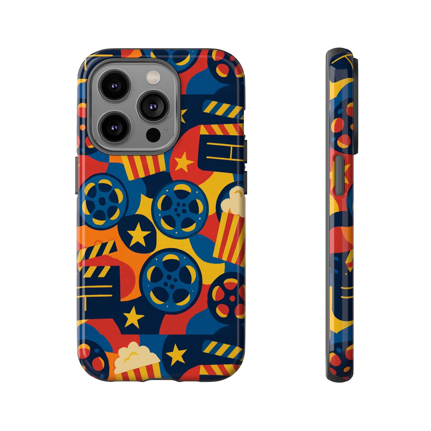 vibrant movie-themed protective phone case with colourful film reel and popcorn design for stylish protection compatible with iphone 13, 14, 15 & 16 – all models including pro, pro max & plus