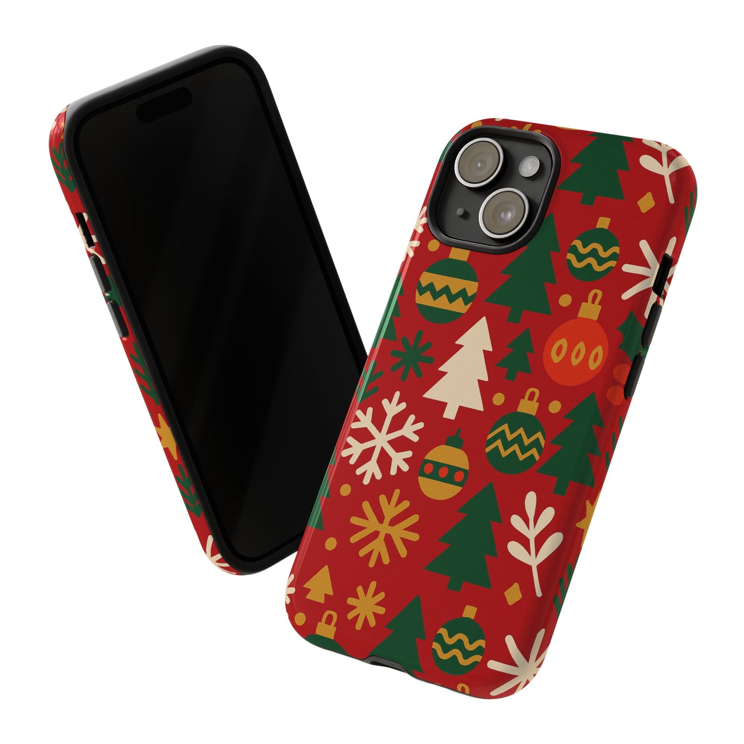 vibrant red 3d wrap protective phone case with christmas tree and ornament design for stylish protection compatible with iphone 13, 14, 15 & 16 – all models including pro, pro max & plus