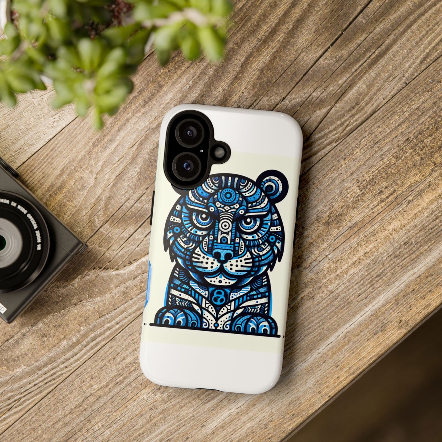 vibrant blue geometric tiger design phone case – stylish protection accessory for self-expression compatible with iphone 13, 14, 15 & 16 – all models including pro, pro max & plus