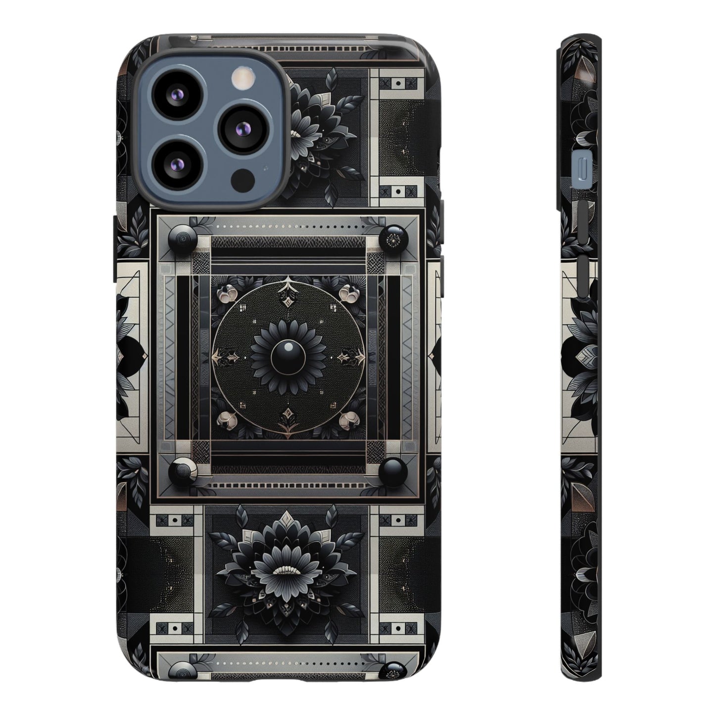 pattern image 4 vibrant shockproof phone case for anime and comic fans, geometric black and silver design, durable protective cover compatible with iphone 13, 14, 15 & 16 – all models including pro, pro max & plus