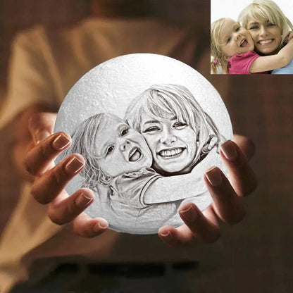 Custom 3D Printed Photo Lunar Light Moon Lamp - Christmas Gift for Family, Adjustable LED with Wooden Base, Unique Personalised Home Decor for Kids and Adults