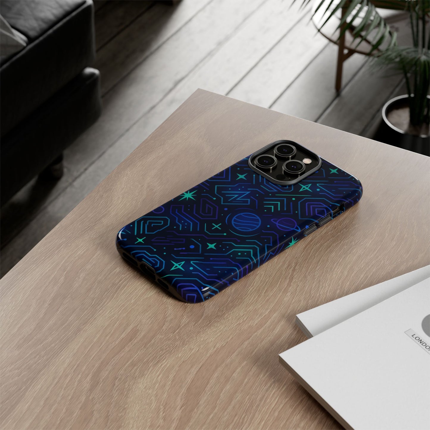 vibrant space design protective phone case in blue and green 3d wrap for stylish protection compatible with iphone 13, 14, 15 & 16 – all models including pro, pro max & plus