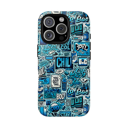 Vibrant Retro Graffiti Phone Case in Blue for Men and Women Stylish Protection Accessory Compatible with iPhone 13, 14, 15 & 16 – all models including Pro, Pro Max & Plus