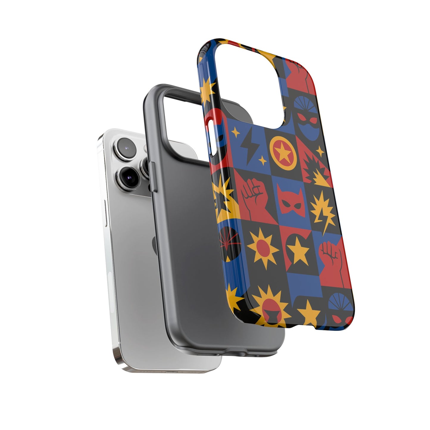vibrant superhero phone case with retro 3d design for stylish protection compatible with iphone 13, 14, 15 & 16 – all models including pro, pro max & plus