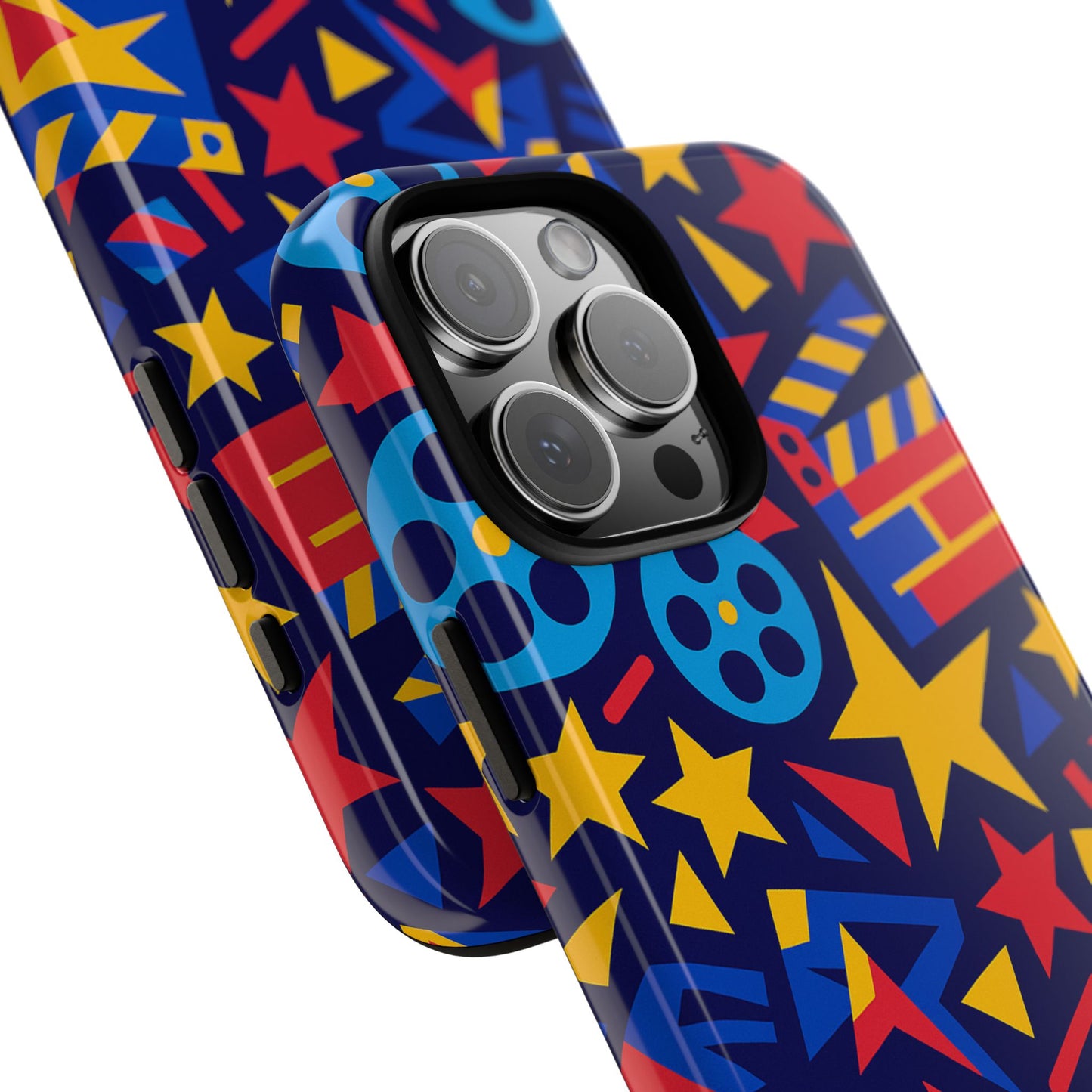 vibrant movie theme protective phone case with 3d wrap design – colourful stars and film reels – stylish protection compatible with iphone 13, 14, 15 & 16 – all models including pro, pro max & plus