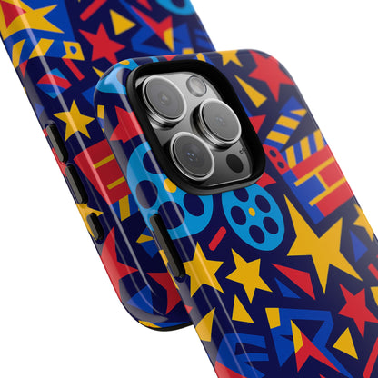 Vibrant Movie Theme Protective Phone Case with 3D Wrap Design – Colourful Stars and Film Reels – Stylish Protection Compatible with iPhone 13, 14, 15 & 16 – All Models Including Pro, Pro Max & Plus