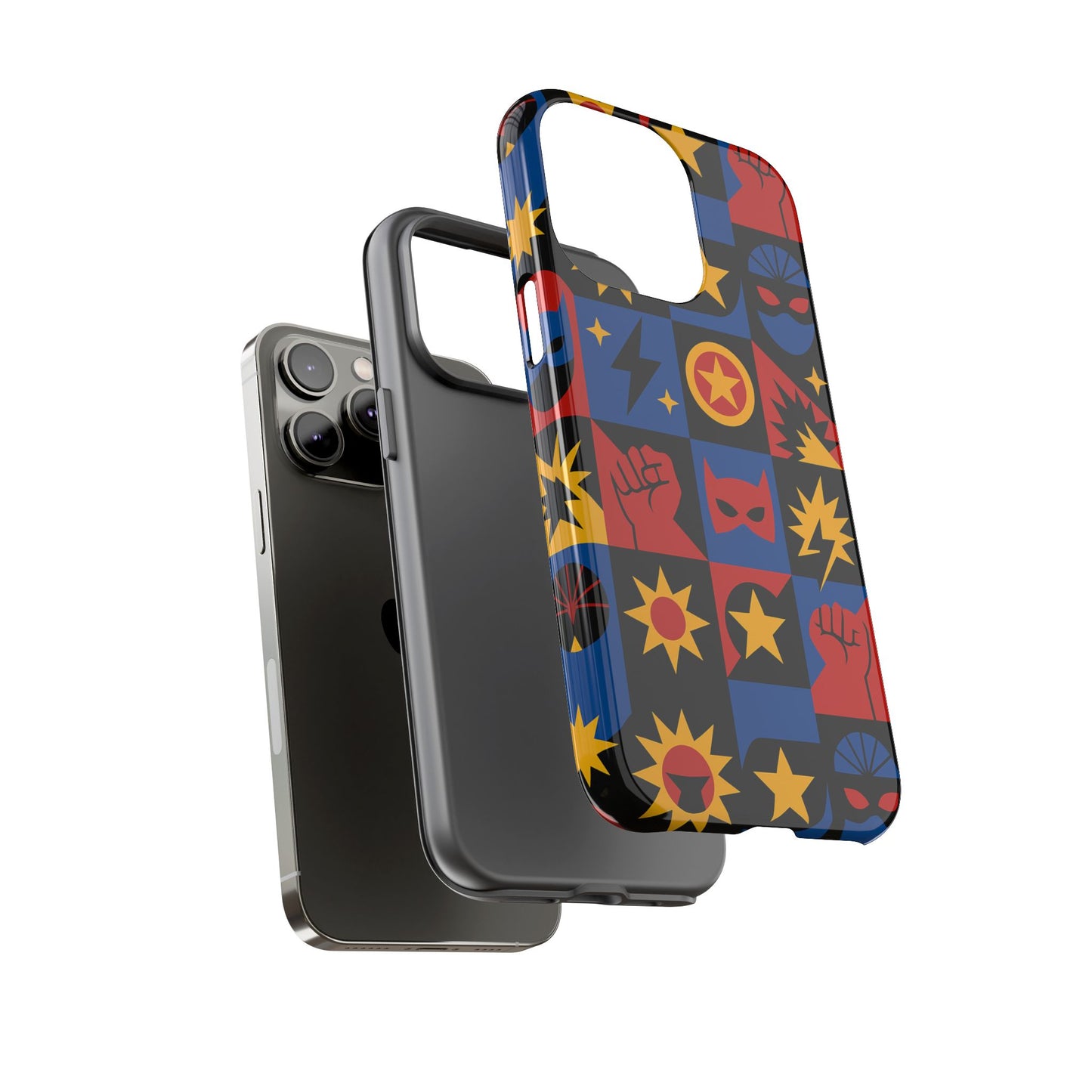 vibrant superhero phone case with retro 3d design for stylish protection compatible with iphone 13, 14, 15 & 16 – all models including pro, pro max & plus