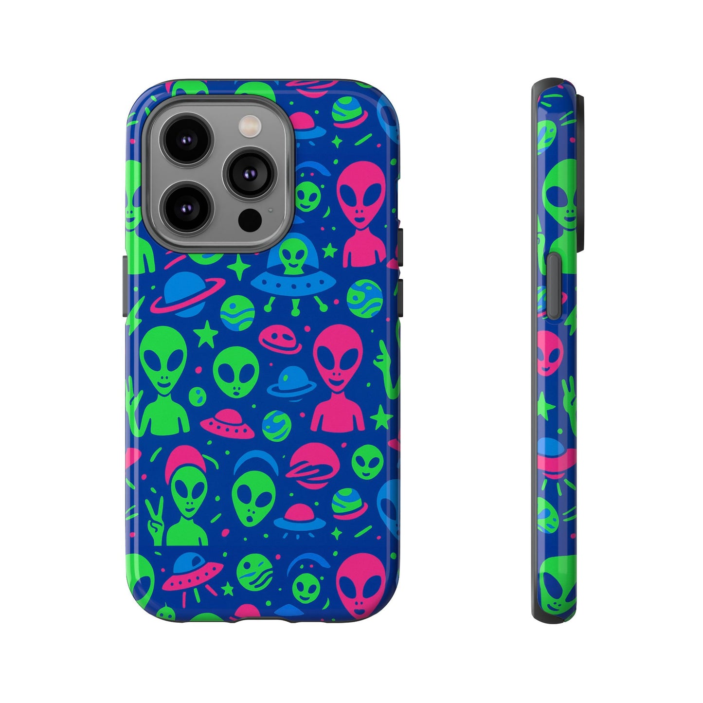 vibrant multicolour alien 3d wrap phone case in retro anime style for stylish protection compatible with iphone 13, 14, 15 & 16 – all models including pro, pro max & plus