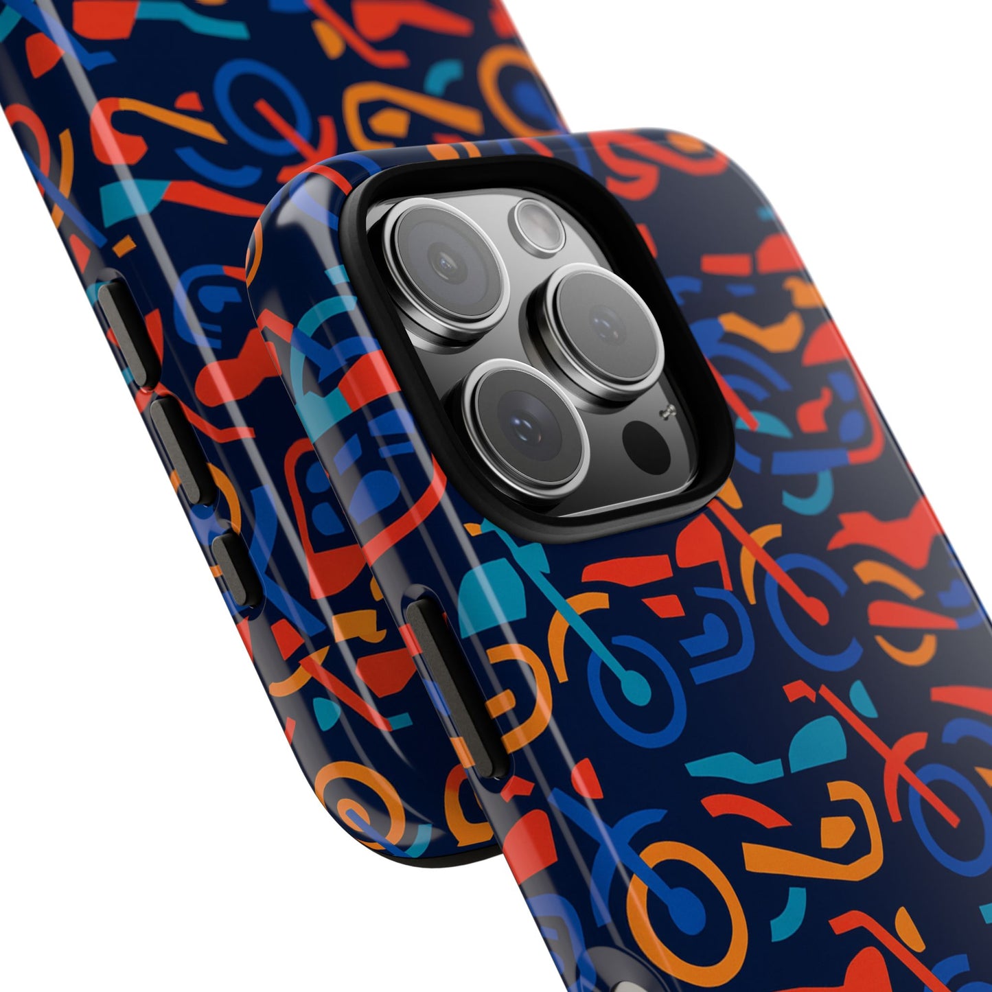 vibrant 3d multicolour motorcycle pattern protective phone case for creative individuals – stylish protection compatible with iphone 13, 14, 15 & 16 – all models including pro, pro max & plus