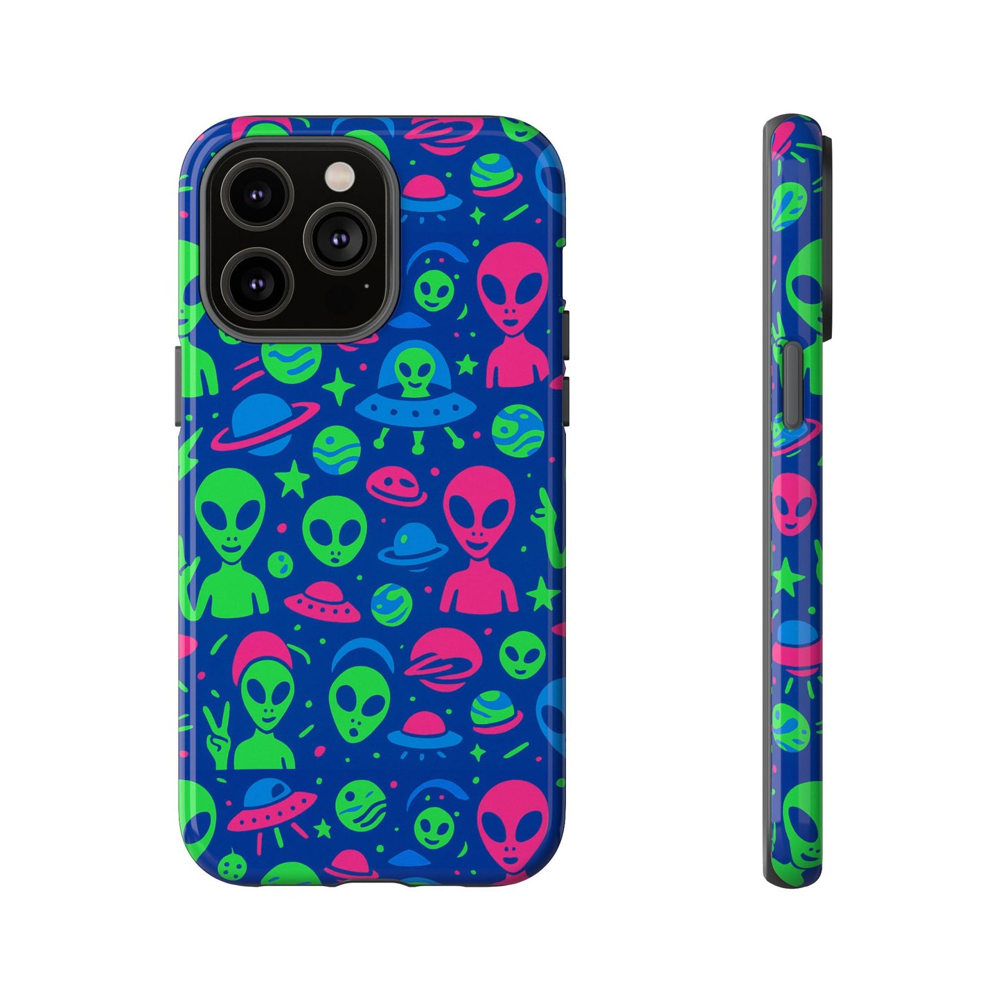 vibrant multicolour alien 3d wrap phone case in retro anime style for stylish protection compatible with iphone 13, 14, 15 & 16 – all models including pro, pro max & plus