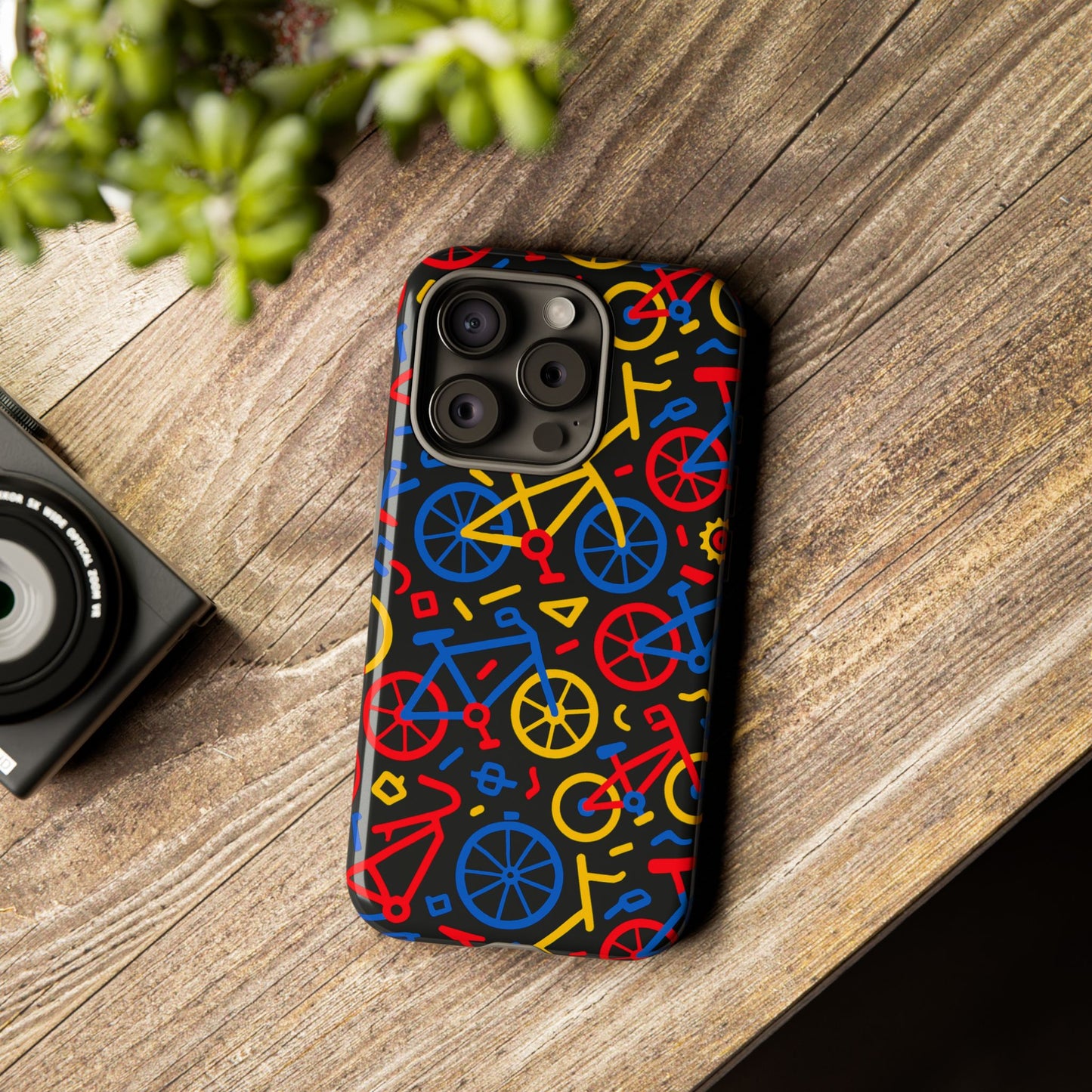 multicolour 3d bicycle phone case with retro design for stylish protection compatible with iphone 13, 14, 15 & 16 – all models including pro, pro max & plus