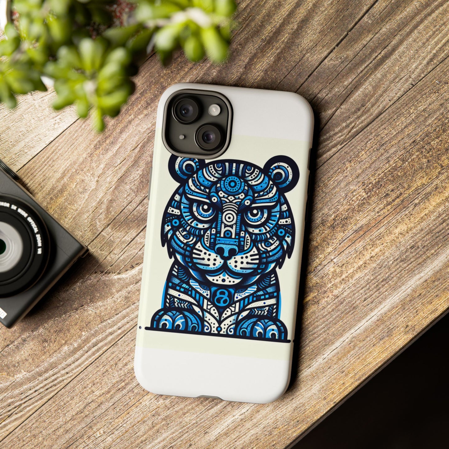 vibrant blue geometric tiger design phone case – stylish protection accessory for self-expression compatible with iphone 13, 14, 15 & 16 – all models including pro, pro max & plus