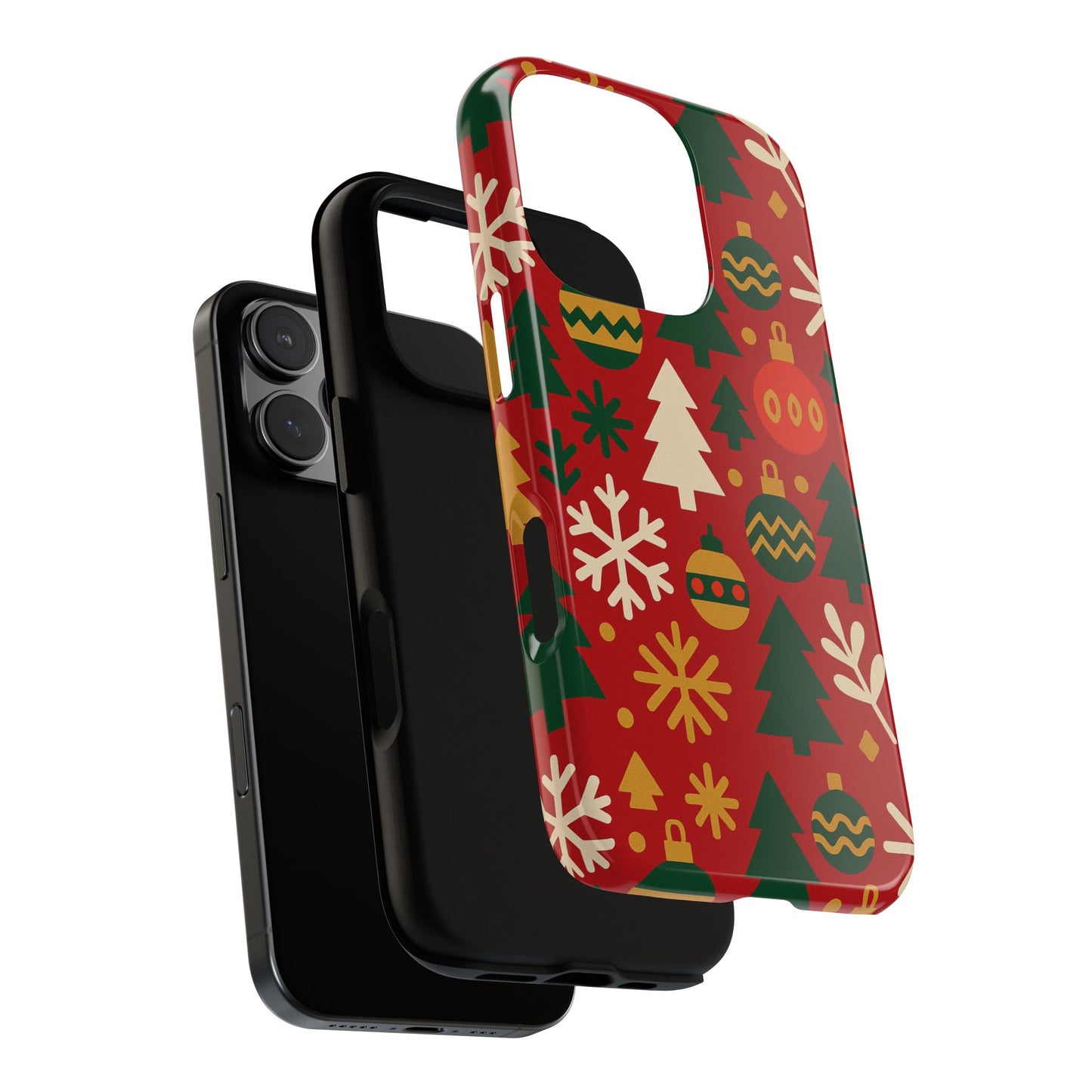 vibrant red 3d wrap protective phone case with christmas tree and ornament design for stylish protection compatible with iphone 13, 14, 15 & 16 – all models including pro, pro max & plus