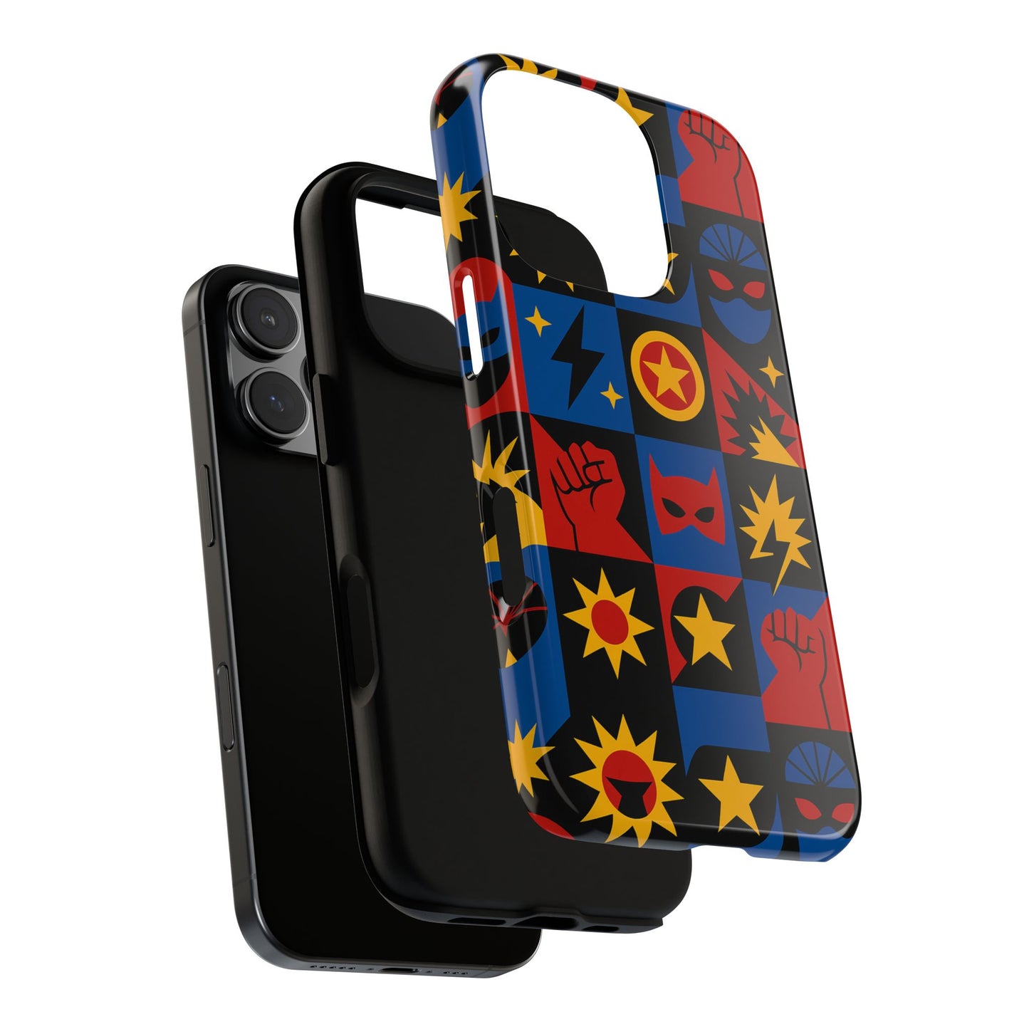 vibrant superhero phone case with retro 3d design for stylish protection compatible with iphone 13, 14, 15 & 16 – all models including pro, pro max & plus