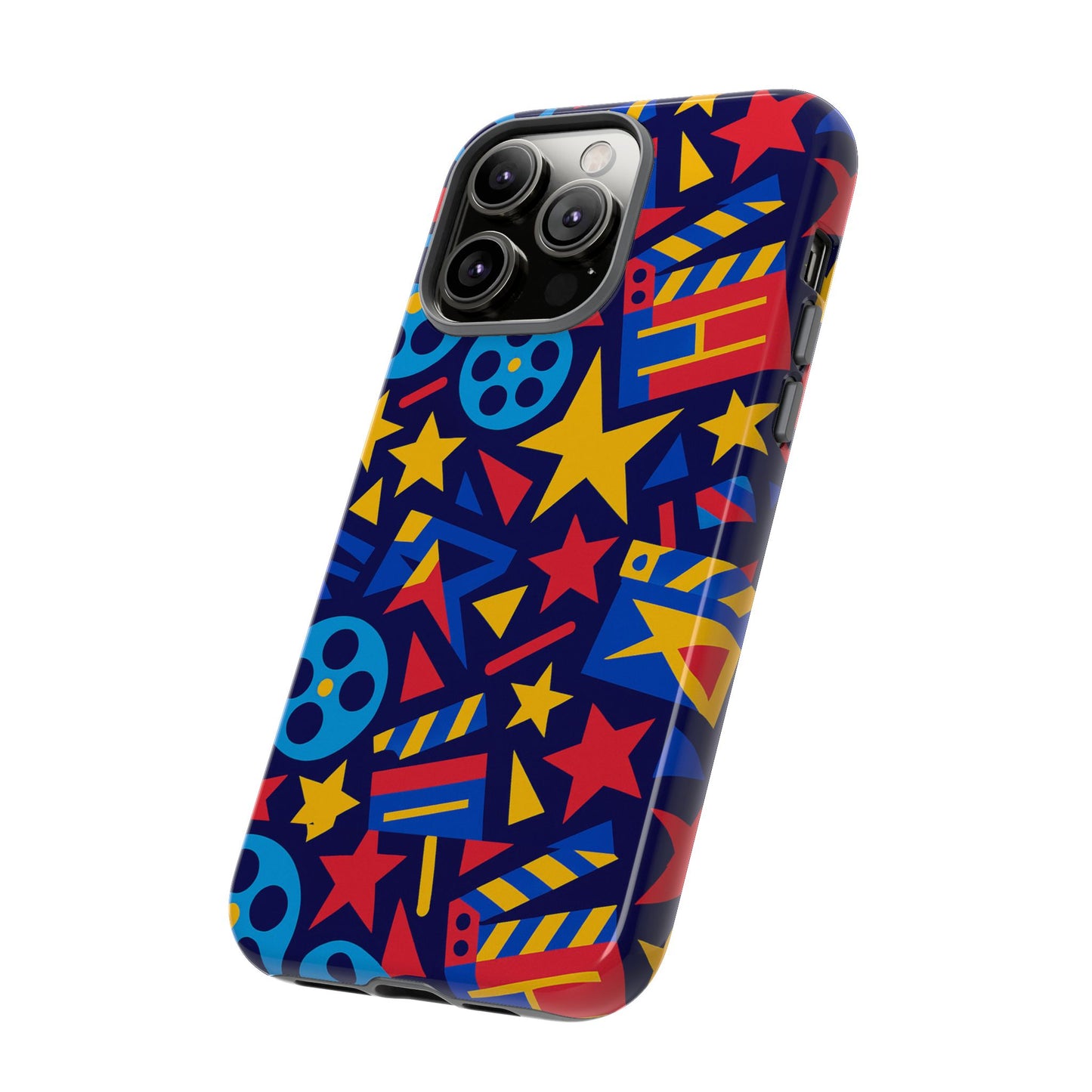 vibrant movie theme protective phone case with 3d wrap design – colourful stars and film reels – stylish protection compatible with iphone 13, 14, 15 & 16 – all models including pro, pro max & plus