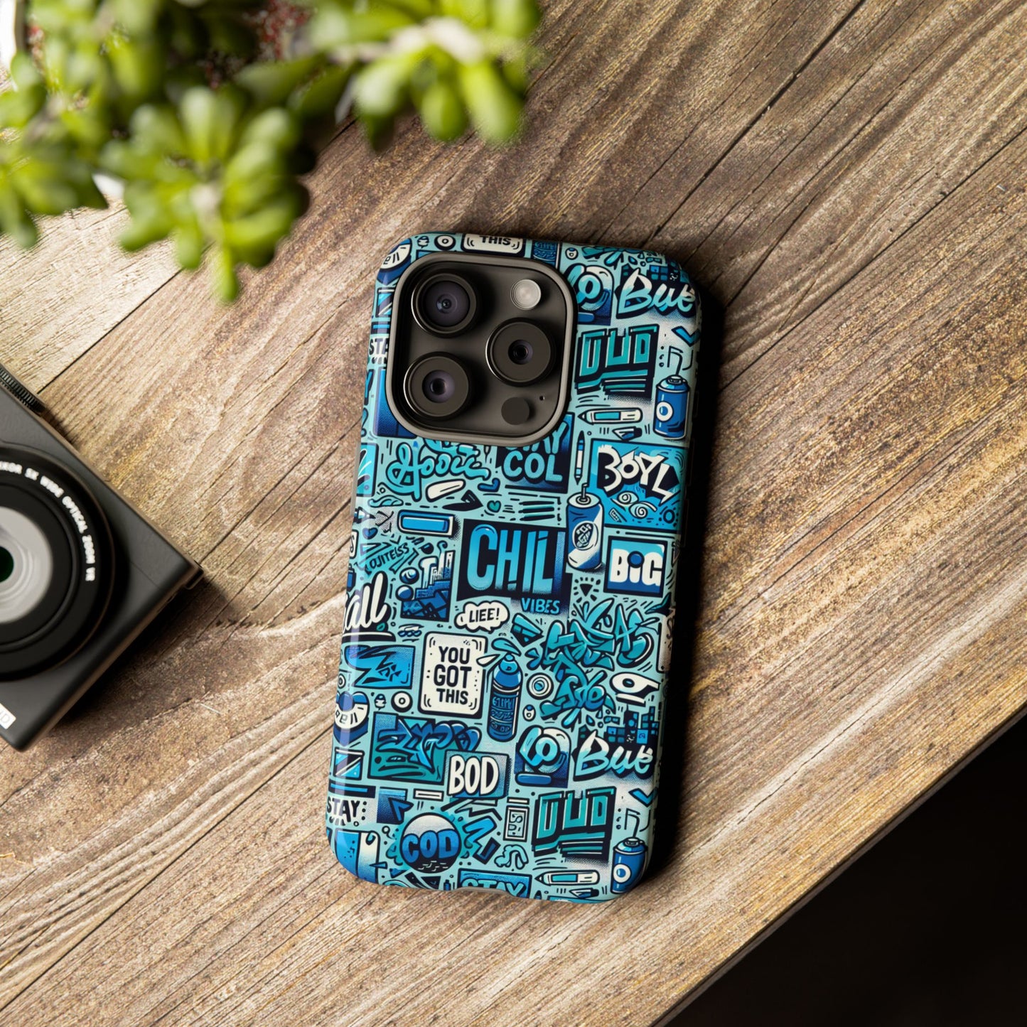 vibrant retro graffiti phone case in blue for men and women stylish protection accessory compatible with iphone 13, 14, 15 & 16 – all models including pro, pro max & plus