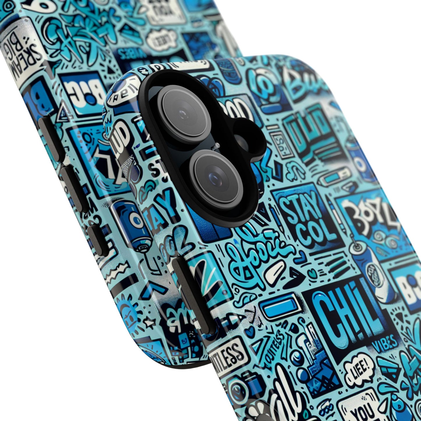 vibrant retro graffiti phone case in blue for men and women stylish protection accessory compatible with iphone 13, 14, 15 & 16 – all models including pro, pro max & plus