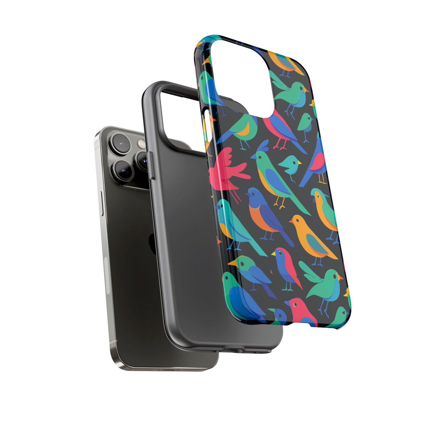 vibrant multicolour 3d bird print protective phone case for smart devices – unique accessory for trendsetters compatible with iphone 13, 14, 15 & 16 – all models including pro, pro max & plus
