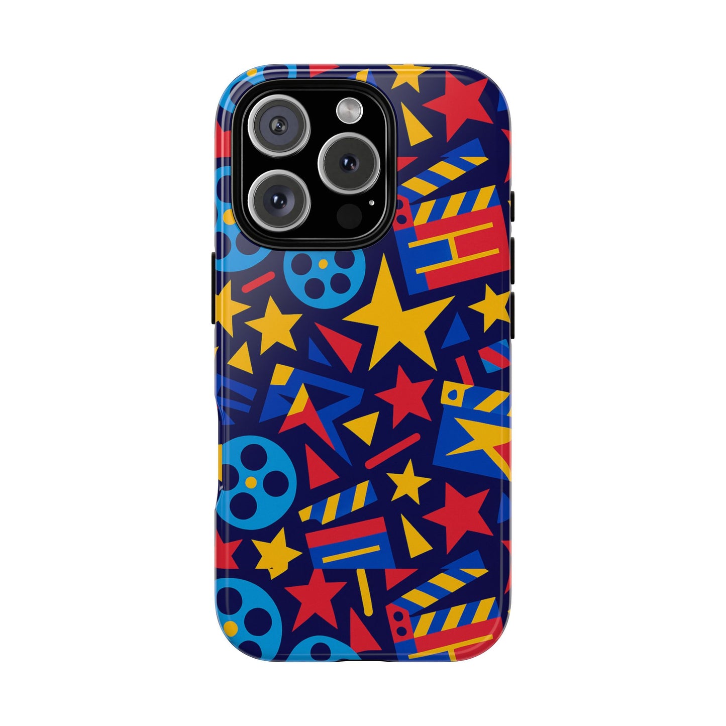 vibrant movie theme protective phone case with 3d wrap design – colourful stars and film reels – stylish protection compatible with iphone 13, 14, 15 & 16 – all models including pro, pro max & plus