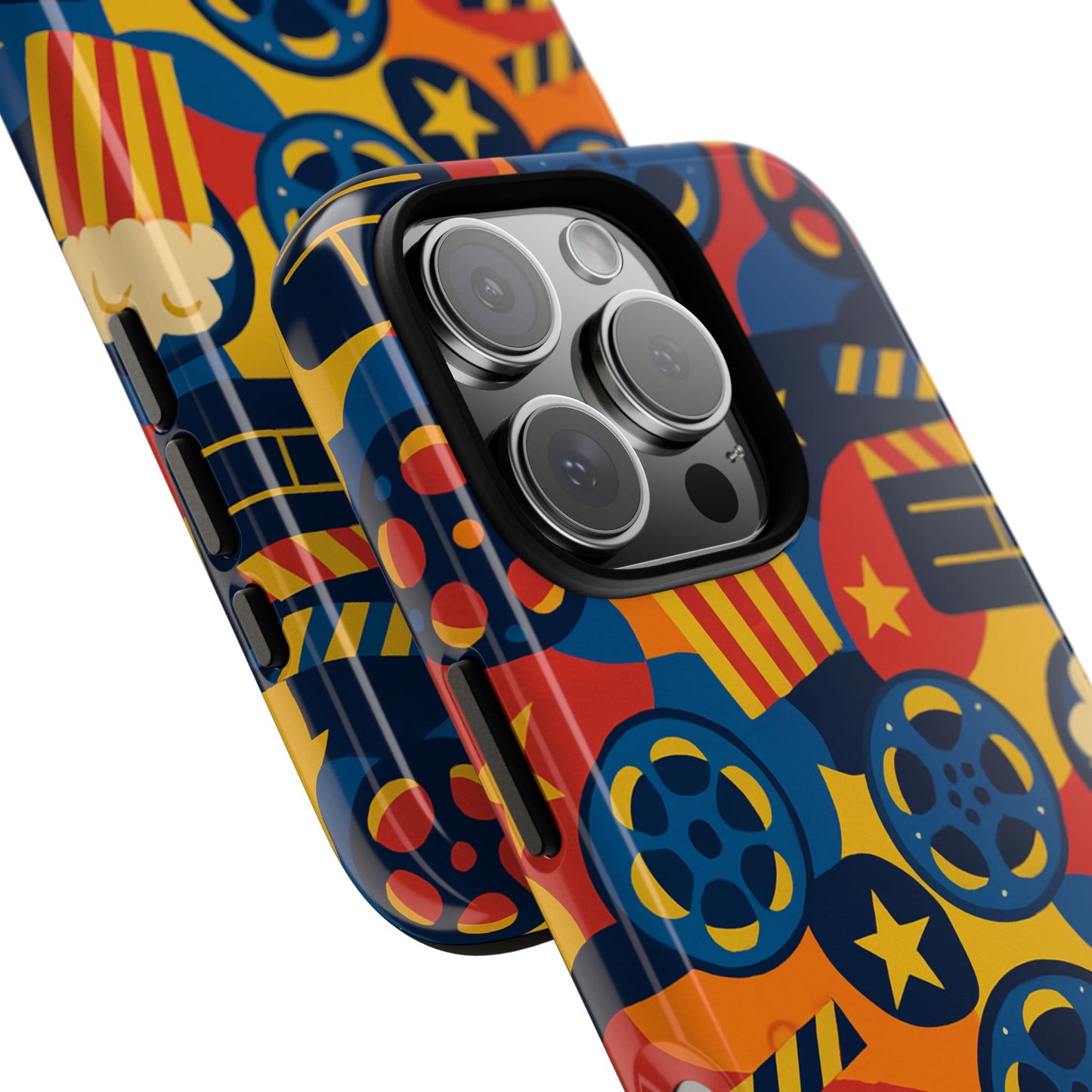 vibrant movie-themed protective phone case with colourful film reel and popcorn design for stylish protection compatible with iphone 13, 14, 15 & 16 – all models including pro, pro max & plus