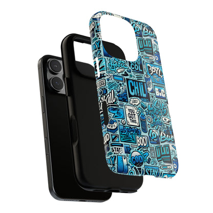 Vibrant Retro Graffiti Phone Case in Blue for Men and Women Stylish Protection Accessory Compatible with iPhone 13, 14, 15 & 16 – all models including Pro, Pro Max & Plus